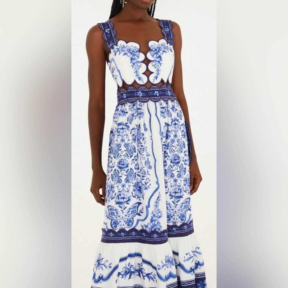 Farm Rio NWT Blue and White Floral Cutout Maxi Dress - Picture 4 of 4